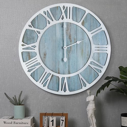HAITANG Moderne runde Wanduhr aus Holz für Wohnzimmerdekoration, Vintage-Blau, 60 cm, römische Ziffer, geräuschlos, Nicht tickend, zum Aufhängen, für Zuhause, Garten, Büro, Café,Roomph-Dekoration
