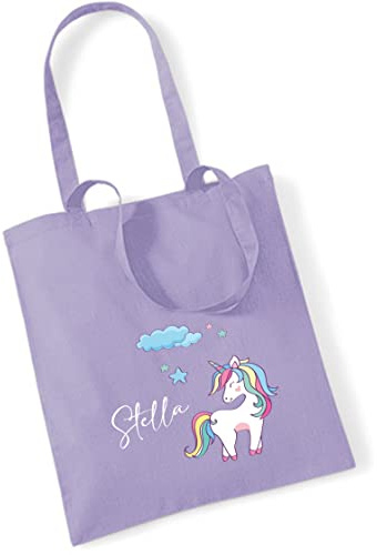 Jutebeutel Einhorn mit eigenem Namen bedruckt | große Stofftasche Baumwolle Unicorn Wolke Sterne | Personalisierter Kitabeutel Mädchen