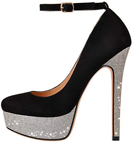 Only maker Damen Plateau High Heels Mary Jane Mandelzeh Stilettos Pumps Damenschuhe aus Velousleder Schwarz Silber 42 EU