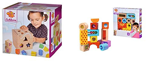 Eichhorn 100002092 Steckwürfel aus Holz, Kiefernholz, Motorikwürfel mit 12 Steckbausteinen für Kinder ab 12 Monaten, 14,5x14,5x14,5 cm & Klangbausteine – 12 Bunte Holzbausteine die Geräusche Machen