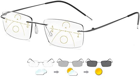 Lanomi Selbsttönende Progressives Multifokal Lesebrille Herren Damen Randlos Blaulichtfilter Computerbrille Rechteck Titan Intelligente Photochrome Lesehilfe Anti Müdigkeit Sonnebrille Waffenfarbe 2.5