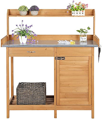 Abician Table de Rempotage Extérieure en Bois avec Tiroir Plan de Travail en Métal Étagère de Rangement Placard Inférieur 3 Crochets Latérales Table de Jardin pour Pots de Fleurs Bois