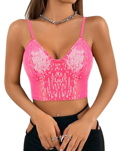 Segreto damer glitter paljetter linne ärmlös spagettiremmar sexig crop top axelbandstopp festival party klubb camisole, Rosa paljetter, L