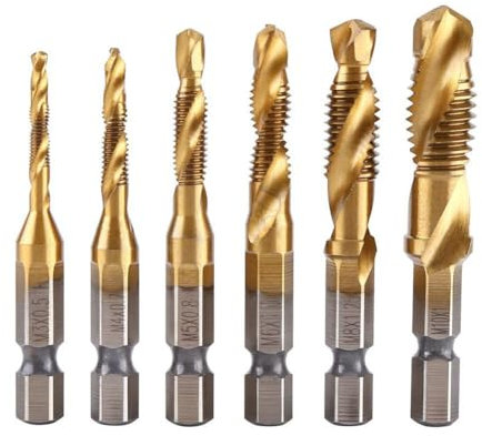 Teocpai 6pcs HSS Foret Taraudeur Jeu de Mèches Combinées en Titane avec 1/4 Tige Hexagonale Tarauds à Filetage Métrique M3-M10 Pour Bois, Laiton, Aluminium et Plastique