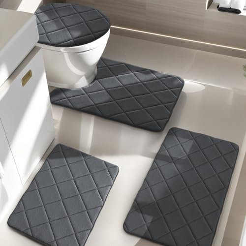 YIHOUSE Rutschfester Badezimmerteppich aus Memory-Schaum, maschinenwaschbar, wasserabsorbierendes Set für Toilette und Boden, Dunkelgrau