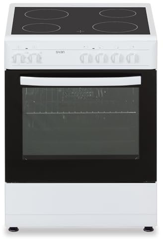 Svan Cocina Eléctrica con Horno Eléctrico 56L, 4 Zonas de Cocinado, Horno con Grill, 6 Programas de cocción, Blanco SKV4600. Acabado en Cristal negro, Eficiencia Energética Clase A