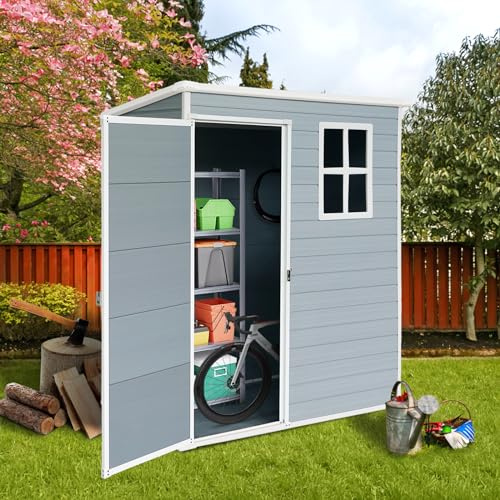5x3 FT Resin Outdoor Storage Shed with Floor,All-Weather Outdoor Shed with Lockable Door,Window & Sloped Roof,Plastic Outside Tool Storage for Garden,Backyard,Patio,Lawn,Gray
