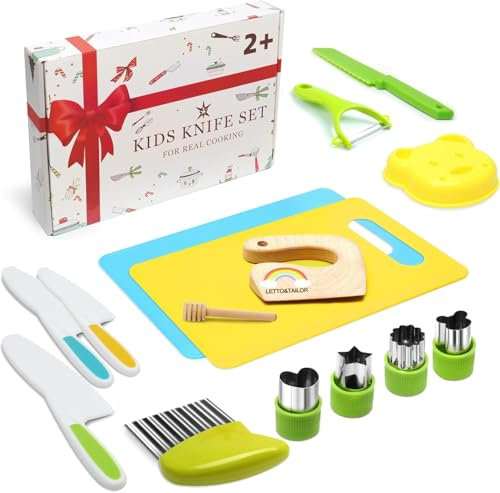 Kindermesser 16-teiliges Kinder Sicherheit Kochmesser Küchenmesser Set mit Gemüse Ausstechformen, Holzmesser, Schneidebrett etc. Montessori Spielzeug als Geburtstagsgeschenk für Kinder ab 2 Jahren