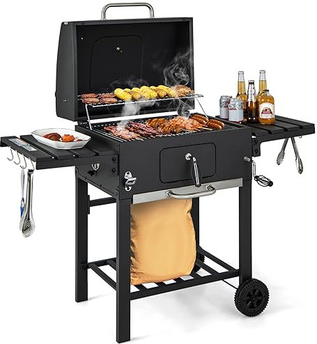 GYMAX Barbecue a Carbone, Grill da Esterno con 2 Tavoli Laterali Pieghevoli, 8 Ganci, Ripiano, 2 Ruote, Controllo della Fiamma, Griglia di Cottura per Picnic, Campeggio, 128 x 54 x 117 cm