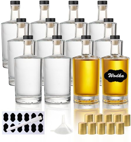 YBCPACK Lot de 12 bouteilles en verre de 100 ml à remplir, petites bouteilles d'alcool avec bouchons rétractables, entonnoirs et étiquettes