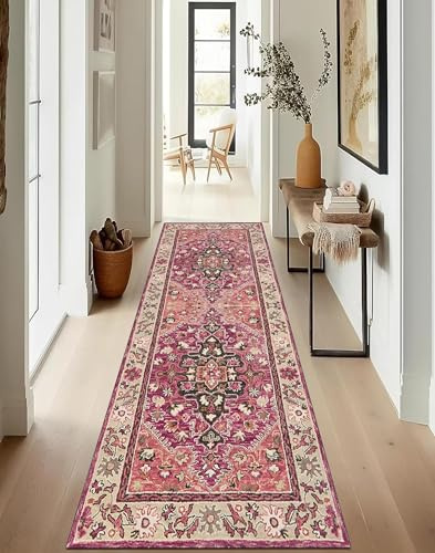 ZUZEKU Boho Läufer Flur Küche Waschbar rutschfest 60X300cm Vintage Rosenrot Lang Küchenteppich Flurteppich Teppich Fur Korridor Wohnzimmer Schlafzimmer Meterware Anpassbar