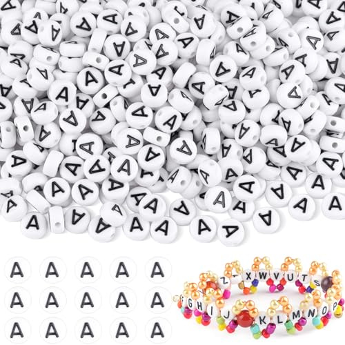500 Stück Buchstabenperlen A für Armbänder, BuchstabenPerlen zum Auffädeln, Rund Acryl Spacer Perlen für Armbänder Selber Machen, DIY Schmuck und Basteln
