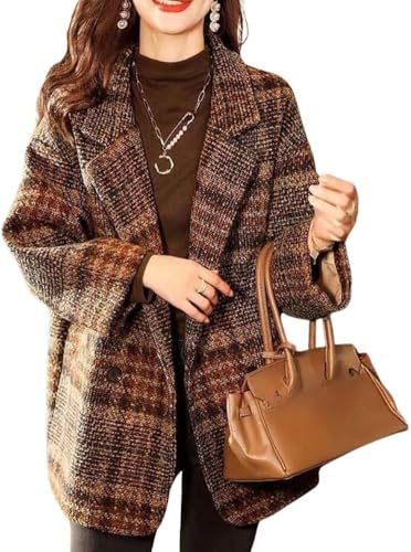 Manteau Tartan d'hiver pour Femme Veste Blazer à Double Boutonnage à Revers élégant avec Poches Veste Formelle Veste Blazer Fendue à Revers décontracté (Brown,L)