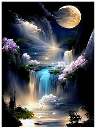 quiodok Diamond Painting Erwachsene Mond Wasserfall Vollbohrer Diamant Malerei DIY Diamond Painting Bastelset Diamant Painting Bilder für Wohnzimmer und Schlafzimmer Wanddeko (30x40cm)