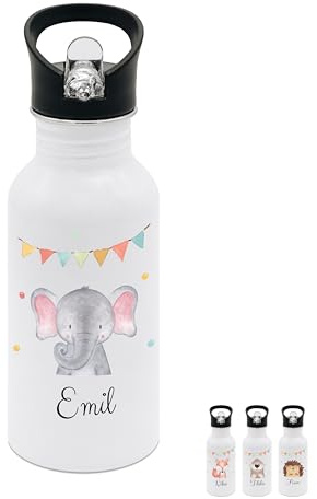 wunderwunsch® - Personalisierte Trinkflasche Kinder Edelstahl [ 500ml ] - Robuste Trinkflasche mit Namen - Wasserflasche mit Trinkhalm - Personalisierte Geschenke für Kinder (Elefant Girlande)