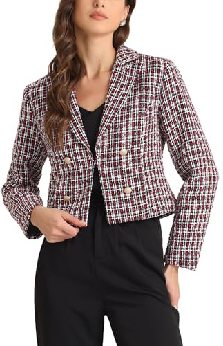 Allegra K Veste en Tweed Femme d'hiver à Revers Cranté Blazer Boutonné Tartan de Bureau à Carraux avec Manches Longues Manteau Court Blouson Court Chic Rouge Noir XL