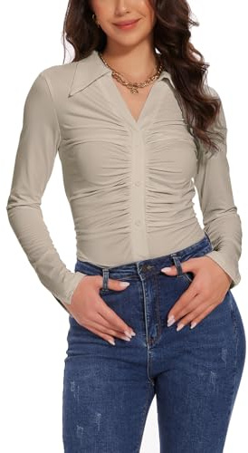 MISS MOLY Damblus, långärmad tunika, skjortblus, veckad tunika, toppar med knappar, dekor, Vit sand, S