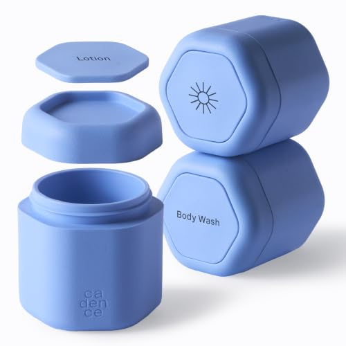 Cadence Reisebehälter – Körperpflege-Kapsel-Set – magnetische Behälter mit Deckel, Reiseutensilien für Damen/Herren – 3 Flex-Medien (37,4 g) – Duschgel, Lotion und Sonne Icon-Etiketten – Pacific