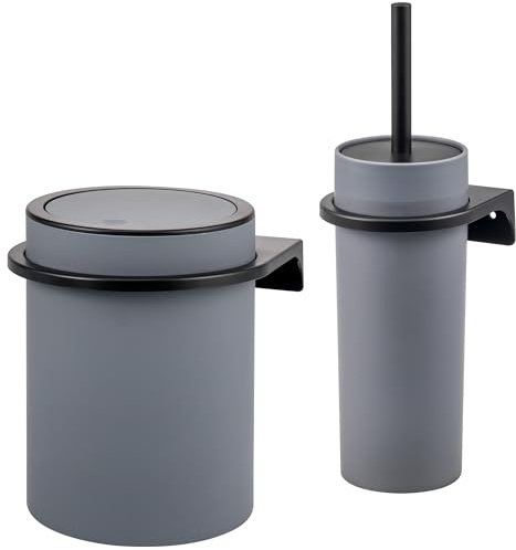bremermann rundes 2tlg. Bad-Set Savona mit gummierter Softtouch-Oberfläche inkl. Wandhalterung zum Kleben oder Bohren, moderner Kosmetikeimer 5,5 Liter und WC-Garnitur aus Kunststoff (Grau)