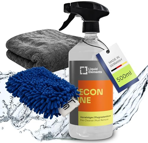 Liquid Elements Decon One Set 3-tlg., 1L + Waschhandschuh & Tuch, Teer | Flugrostentferner Auto, Vorreiniger, materialschonend & pH-neutral, entfernt Öl, Flugrost & Schlamm