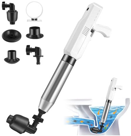 Déboucheur de Toilette à Air Comprimé, Déboucheurs Ventouses avec Baromètre, électrique Ventouse Deboucheur WC avec 5 têtes interchangeables pour Déboucher les Toilettes, Drain de sol, Lavabo