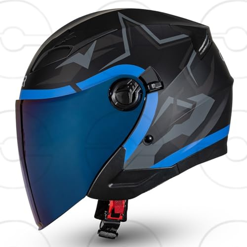 CRUIZER Casco moto jet omologato STAR Nero Blu doppia visiera trasparente sole