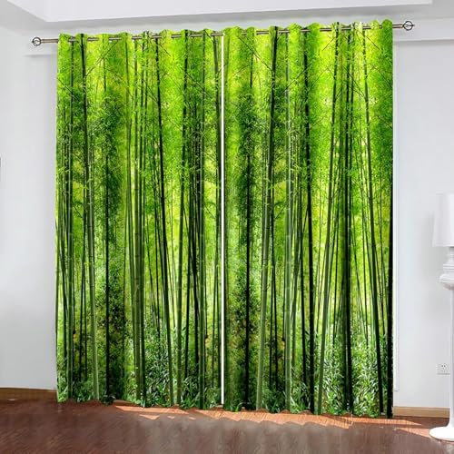Bishilin Verdunklungsvorhänge Blickdicht 2er Set 137x183CM, Vorhänge mit Ösen Grün Bambuswald Muster Gardinen Verdunkelnd Jugendzimmer Kinderzimmer