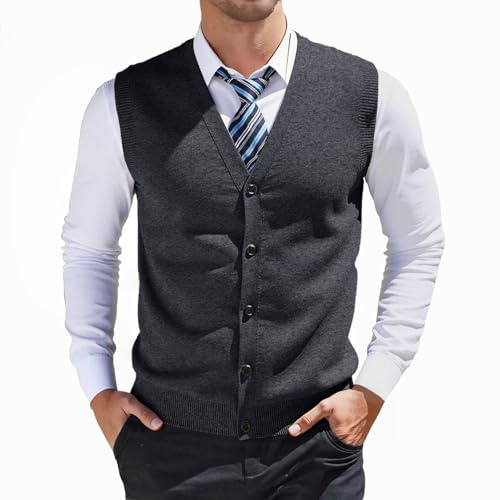 Generisch Gilet da uomo in maglia, pullover, spesso, senza maniche, cardigan con bottoni, scollo a V, business, maglieria, casual, giacca da cerimonia, tinta unita, top tank con bottoni, O grigio