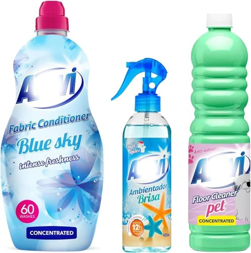 3 Piece Household Spanish Cleaning Products Giftset – Ocean Breeze Air Freshener 400ml, Pet Disinfectant Floor Cleaner 1L, Blue Sky Fabric Softener Conditioner 60 Washes – Home & Laundry Care