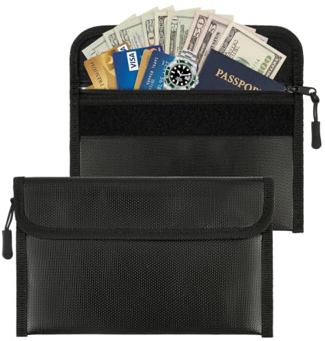 2 Pack Fireproof Bag Fireproof Document Bag Fire Proof Money Bag for Cash | Fireproof Cash Bag Small Fire Proof Pouch with Zipper Hook & Loop Closure for Cash Valuables Passport Jewelry, 23X14cm, Black