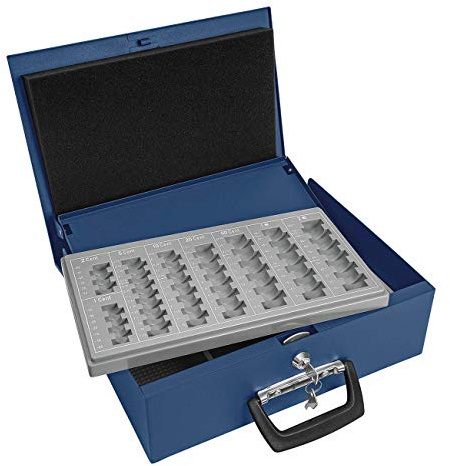 Wedo 150100803 Geldzählkassette Universa (aus Stahlblech, für Hart- und Papiergeld, mit zwei Tragegriffen und 4-Fächereinsatz für Geldscheine, 35,5 x 27,5 x 10 cm) blau