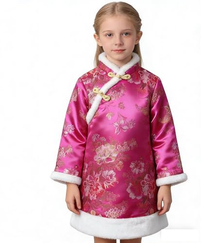 Baby Girls Dress Chinese Qipao Outfits Traditional Cheongsam Tang Quilted Dresses New Year Costumes Coat (Rose,14)