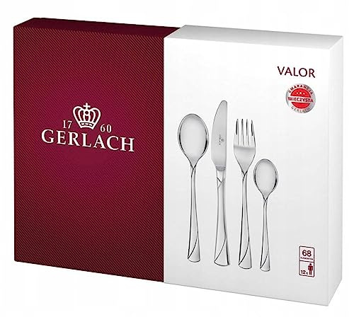 Gerlach Valor Besteck-Set 12 Personen Spülmaschinenfest Essbesteck Edelstahl Elegantes Besteck Messer Gabel Löffel Teelöffel Tafelbesteck Kuchengabel Kuchenspachtel Rostfrei 68 Stk