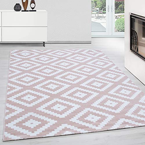 Teppium Moderner Kurzflor Teppich Läufer Flur 80 x 300 cm Pink - Flauschiger Teppich Waschbar, Geometrisch Design, Pflegeleicht, Weich - Ideal als Bettvorleger im Schlafzimmer und Küchenläufer