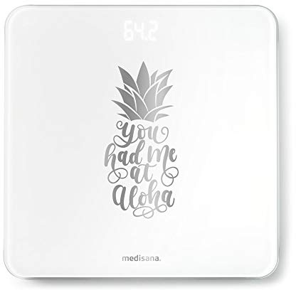 Medisana PS 439 digitale Personenwaage bis 180 kg, Badezimmerwaage aus Glas, unsichtbarem LED-Display, Motivwaage, Step-On-Einschaltung, Pineapple