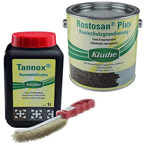 Rostschutzmittel im Set: Kluthe Tannox + Rostosan + Schuller Drahtbürste (1l + 2,5l, Rotbraun)