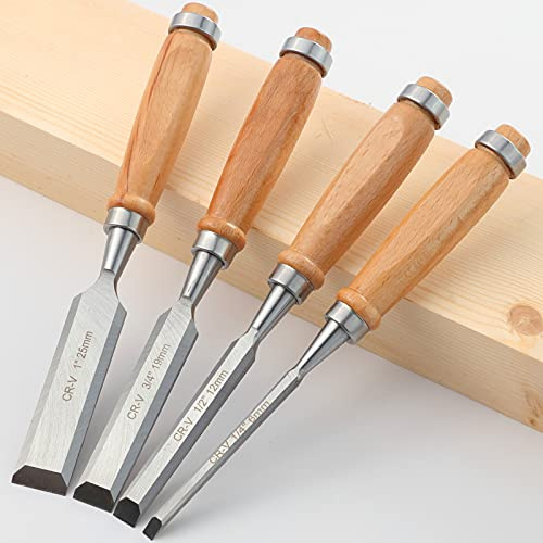Wood Chisel Tool Sets, Sturdy Chrome Vanadium Steel Chisel with Beech Handles for Carpentry, Woodworking, Carving, Craftsman, Set of 4