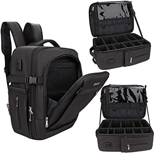 Relavel Trousse de maquillage portable pour voyage, grand organisateur de maquillage professionnel avec sangle réglable et séparateurs