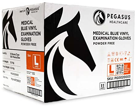Pegasus Healthcare | 1000 Disposable Vinyl Examination Gloves | Colour - Blue | Latex and Powder Free | Sizes Large