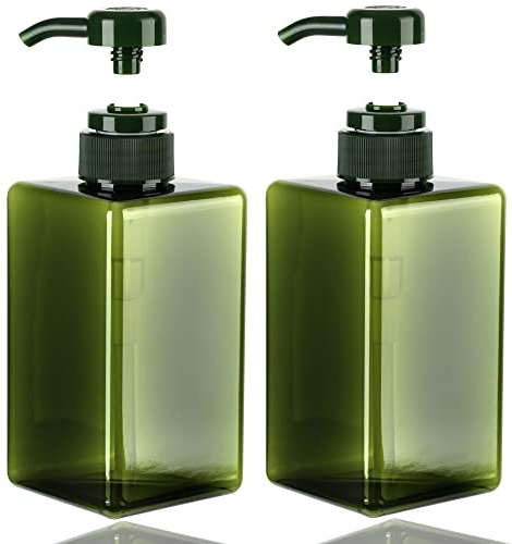 Jansburg Lot de 2 flacons à Pompe carrés Rechargeables en Plastique pour Lotion, huiles essentielles, Savon et shampooing, pour Salle de Bain/Cuisine/Voyage, 450 ML, Vert