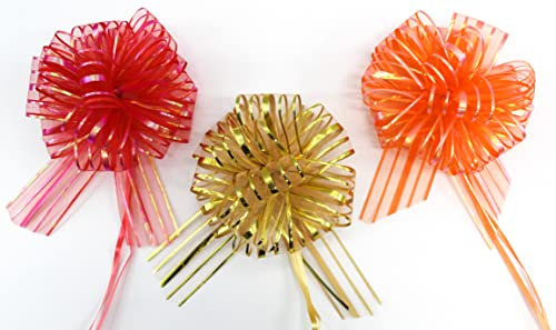 CaPiSo 3 Stück Große Ziehschleife 16cm Geschenkschleife Dekoschleife Geschenk Schleife Geschenkband für Geschenke Tüten Zuckertüte zum Basteln Dekorieren Verzieren (Rot-Gold-Orange)