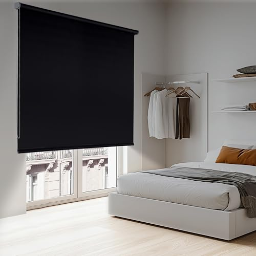 Estores enrollables opacos térmicos fácil instalación 80x250 cm Negro | Protección solar/UV. Tejido 100% poliéster. Estor opaco blackout, El ancho de la tela mide 76,5 cm Tubo 25mm StoresDeco