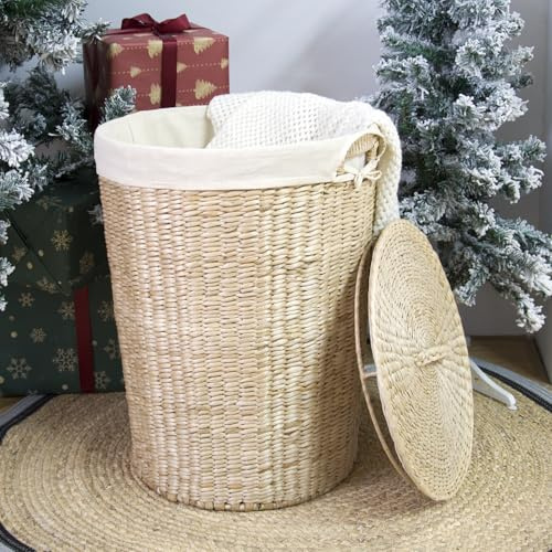 Furnnylane Hand-Woven Wicker Laundry Basket with Lid, 20 Gal (75 L) Large Laundry Hamper with Removable Liner for Laundry Room and Home Decor, Artisan Cattail Round (21H x 15.7D)