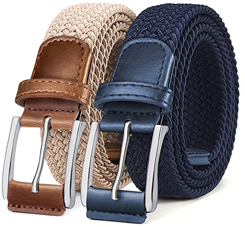 BULLIANT Cinturón Hombre 2 Piezas, Elástico Trenzado Cinturón Tejido Cinturón Golf para Hombres y Mujeres 35mm,2Paquete-Beige/Azul Antiguo2664,130cm/46-50 Cintura ajuste