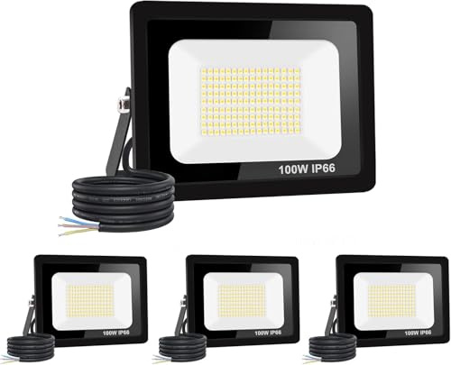 4 pezzi: 100 W, proiettore LED per esterni, 10000 lm, IP66, impermeabile, faretto LED per esterni, super luminoso, illuminazione esterna, bianco caldo (3000 k), sicurezza spot led per stadi, fabbriche