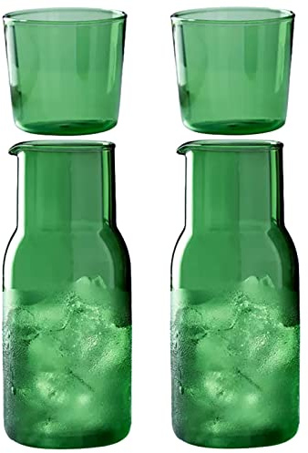 BestAlice Nachttisch-Wasserkaraffe und Glas-Set, 500 ml, Vintage-Nachttisch, Glaskaraffe mit Becher, Klarglas, Saft-Wasserbecher für Schlafzimmer, 2 Stück