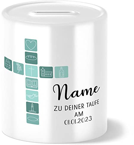 OWLBOOK Taufe Kreuz mit Symbolen blau Spardose personalisiert zur Taufe für Mädchen und Jungen Jungs als Taufgeschenk Geschenk Geschenkidee Geldgeschenk Dekoration