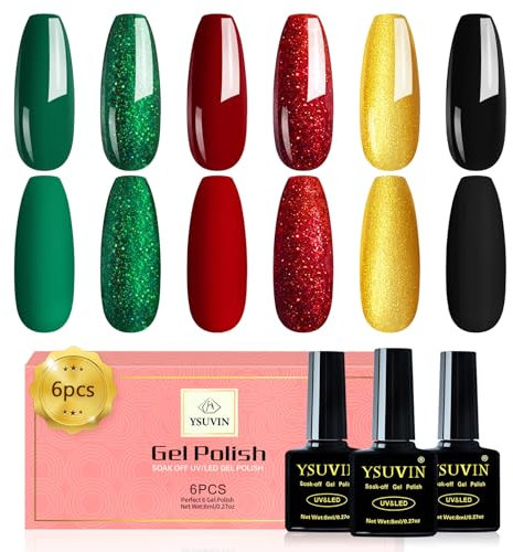 Yueshop Christmas Green Collection Gel Nail Polishes Set, 6Pcs Glitter Green Red Gold, Black Nail Polish Soak off UV LED Lamp Nail Varnish for Nail Art Salon DIY at Home 8ML