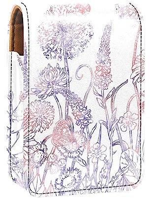 Women’s PU Leather Makeup Lipstick Case, Lipstick Case Holder with Mirror Cute Portable Makeup Travel Cases for Purse Lipstick Holder, Wild Flower Herbaceous Plant Butterfly Pink