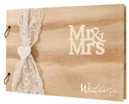 INTIRILIFE Libro de Invitados de Boda Mr & Mrs Vintage DIY Libro de Boda de Madera - 26.1 x 18.9 x 0.9 cm - Álbum de Boda Creativo Regalo para el día de la Boda